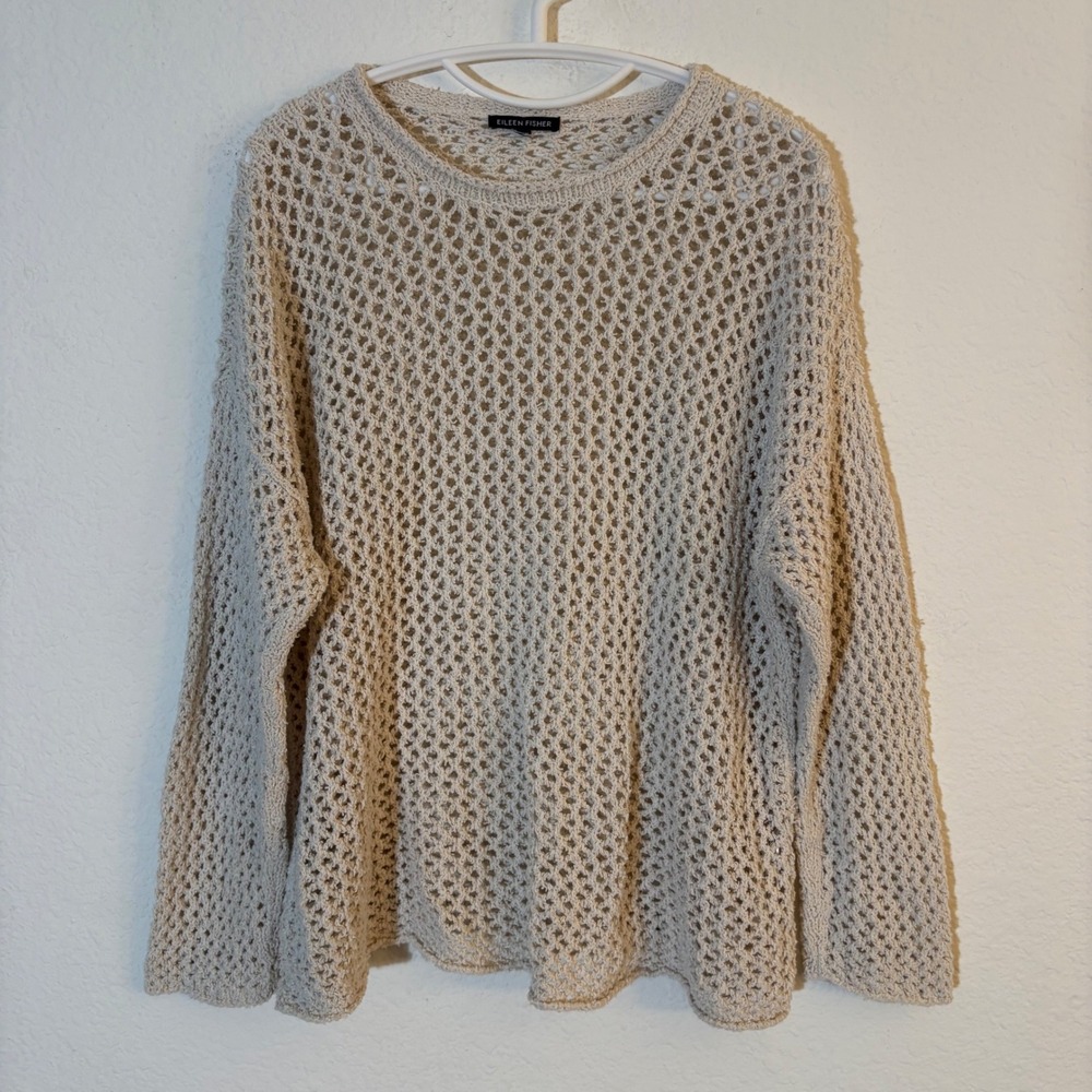 Eileen Fisher Organic Cotton Open Knit Crochet Sweater Beige Tan Size Medium